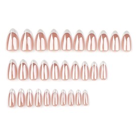 Nude Brown Glazed French Press on Nails Medium Almond, Glazed Nude Brown Nail White Tip Glossy Press Glue on Nails for Women with Kit, Reusable Soft Gel Stick on Fake Nail with Designs Perfectly Fit