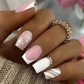 RIICFDD Christmas Press on Nails Medium Fake Nails Coffin False Nails Snowflake Stripe Glue on Nails Rhinestone Nail Charms Full Cover Glossy Acrylic Nails for Women Girls French Nails 24 Pcs