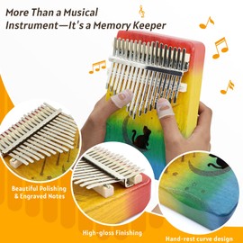 17 Key Kalimba Thumb Piano - Portable Finger Piano with Tuning Hammer & Study Guide, Premium Wood, Unique Musical Gift for Adults & Kids & Beginner-Moon Cat-E