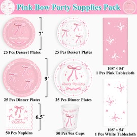algpty 202 PCS Pink Bow Birthday Party Supplies, Service for 50, Pink Bow Coquette Birthday Party Decorations Tableware Set Includes Plates, Napkins, Cups and Tablecloths for Women Girls