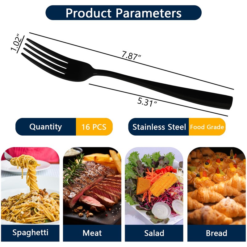 Dehouse 16-Piece Black Stainless Steel Dinner Forks, 7.87 Inch Flatware