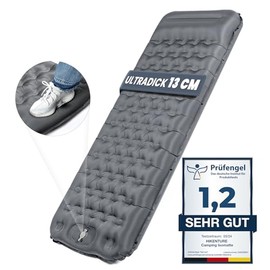 HIKENTURE Isomatte Selbstaufblasend, 13CM Ultradicke Isomatte Camping mit Kissen, Aufblasbare Luftmatratze Kleines Packma√ü, Ultraleichte Schlafmatte mit Fu√üpumpe f√ºr Outdoor, Wandern, Zelt - Grau