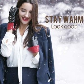 YISEVEN Women's Touchscreen Sheepskin Cuffed Leather Gloves Diva Stylish Black Red 6.5/S