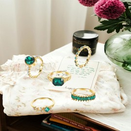 Vintage Gold Ring Set Snake Finger Stackable Ring Boho Green Crystal Finger Ring Set Stylish Rhinestone Snake Adjustable Ring Geometric Cubic Zirconia Crystal Ring Set Cocktail Party Ring Jewelry for