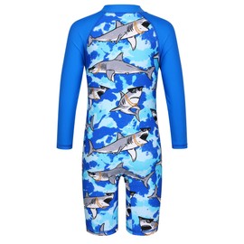 TFJH E - Traje de baño para niños, protector contra erupciones, traje de baño para niños de 50 años, protección solar UV, cierre de una pieza, C Royalblue Sharklong, 5-6 Años