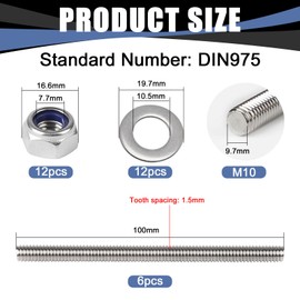 MIGUBIGU Pack of 6 Threaded Rods, Stainless Steel, M10 x 100 mm, Fully Threaded Rod M10 with 12 Hex Nuts and Washers, DIN 975, Threaded Rod for Assembly of Furniture and Industrial Manufacturing