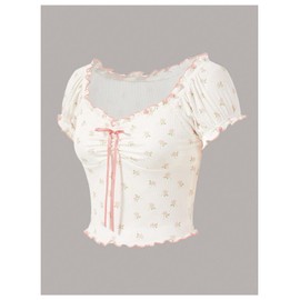 SHENHE Women's Floral Puff Short Sleeve Sweetheart Neck Frilly Coquette Crop Top Tee Apricot Medium