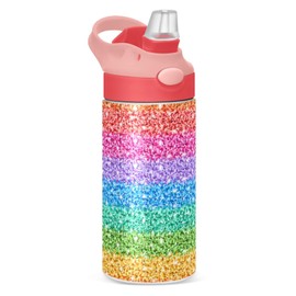 Rainbow Glitter Pattern Kids Water Bottle with Straw Insulated Stainless Steel Drink Bottle for Girls School 350ml Leakproof Vacuum Hot Cold Water Flask