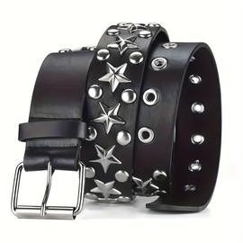 Ulekuke Metal Punk Rock Rivet Studded Belt for Women Men, Gothic Belt with Bright Pyramid Studs, Black-star-1, One Size