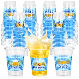 QZYL 100 PCS Oktoberfest Decoration, Blue White Checkered Cups with 3 Designs, Disposable Bulk Oktoberfest Plastic Cups, 14 OZ Bavarian Beer Festival Party Tableware for Beer Party Supplies