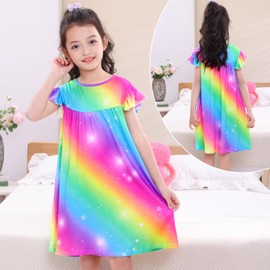 MHJY Girls Nightdress Pyjamas Dress Girls' Nighties Princess Sleepwear,Flutter Short Sleeves Nightgowns Sleeping Wear for 3-5-8-10 Years Kids Rainbow