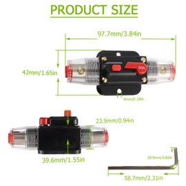 EPLZON 60A Disjoncteur Interrupteur 60 Amp Fusible Inline Holder 12V-53V DC Bouton de réinitialisation manual pour système d'amplificateur de son audio de voiture RV Home Marine Boat Truck