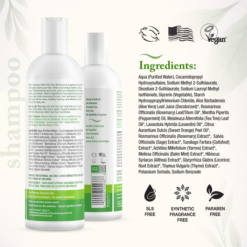 Beauty Without Cruelty Shampoo, Clarifying Rosemary Mint Tea Tree –