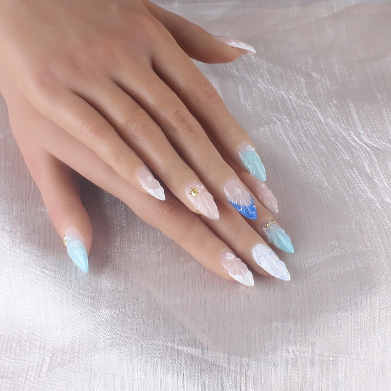 MZCMSL Handmade Nail Tip, Medium, Almond, False Claws, Sea, Marine,