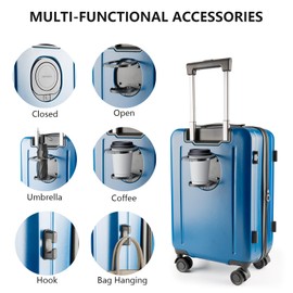 Felamondo 20-Inch Hardshell Carry-On Luggage with Front Compartment, 360° Spinner Wheels, TSA Lock, Cup Holder & Bag Hook - Airline Approved Business Travel Suitcase (Blue)