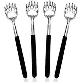 ElloLife Stainless Steel Back Scratcher, 4 Pieces: High Quality Scraper with Soft Rubber Handle, Extendable Shank, Metal Back Scratcher and Telescope, Relieving Head and Back (Black)