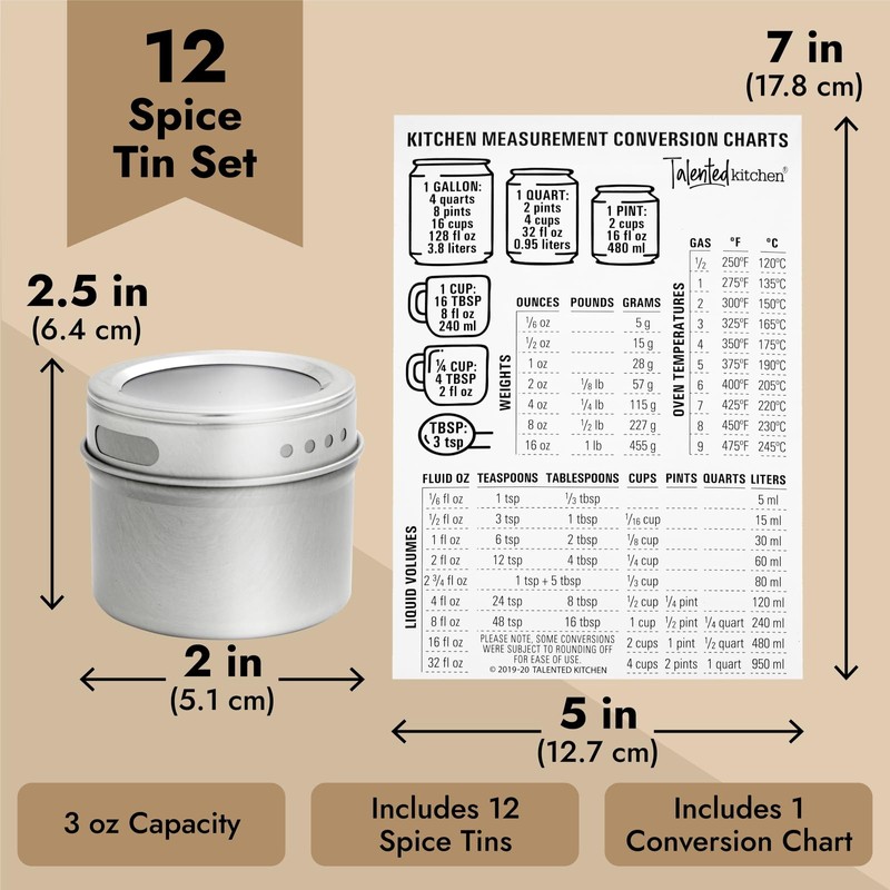 Talented Kitchen Silver Magnetic Spice Jars for Refrigerator (3 oz)