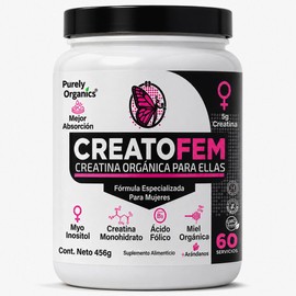 CreatoFEM | Creatina para Mujeres | Creatina Monohidratada + Inositol, Ácido Fólico, Arándano Rojo, Vit B9 y Miel de abeja orgánica | Pre entreno y Post Entrenamiento | 60 servicios, Sabor Ponche de Frutas Natural.