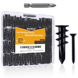 KURUI Black Self Drilling Drywall Anchors, 140PCs #8 Dry Wall Anchors and Flat Head Screws Kit, 70 Anchors + 70 Screws, 75LB Heavy Duty Hanging for Picture Frames Wall Decor Art, Sheetrock Hangers
