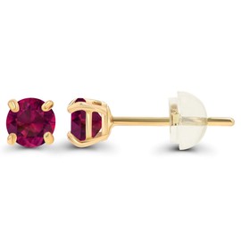 Genuine 10K Solid Yellow Gold 3mm Round Created Red Ruby July Birthstone Stud Earrings For Women