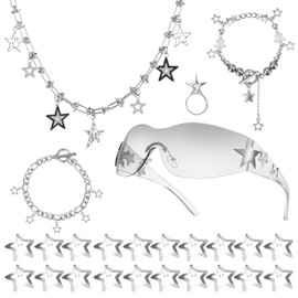 Y2k Accessories Set Included Star Y2k Silver Necklace Star Bracelets Ring Y2K Sunglasses Star Hair Clip Y2k Silver Hair Clips Vintage Jewelry Set