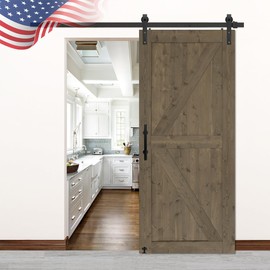 S&Z TOPHAND® 36 in x 84in Elephant Gray British Brace Knotty Barn Door with 6.6FT Sliding Door Hardware Kit/Double-Sided Door Handle/Solid Wood/Sliding Door/Double Surfaces/Simple Assembly is Required