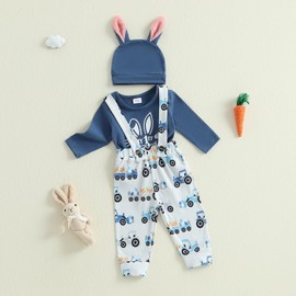 DNOMAID YZARC My First Easter Baby Boy Outfit Bunny Letter Print Long Sleeve Romper Suspender Pants Overalls Hat Clothes Set (Blue, 12-18 Months)