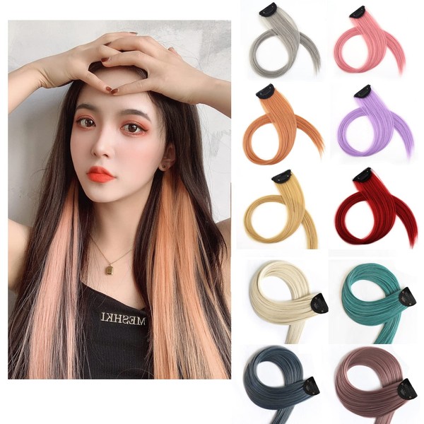 Colorful Extension, 23.6 inches (60 cm), Set of 2, Point Wig, One Touch Clip, Hair Extension, Straight, Easy Installation, Cosplay (Orange & Pink)