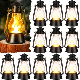 Ferraycle 12 Pcs Mini Camping Lantern Decorative with LED Candle 4 Inch Hanging Lantern Ornaments Vintage Table Centerpiece Lantern Ornament Bulk for Western Cowboy Christmas Party Decoration
