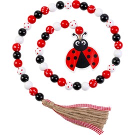Cheerupp Ladybug Wood Bead Garland with Tassels, Spring Garden Decorative String Beads Home Decor Rustic Farmhouse Beaded Garland with Jute Rope Tassel and Wooden Tag for Tiered Tray Window Wall Decor