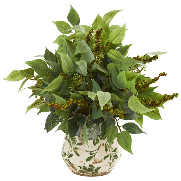 Nearly Natural Mixed Ficus, Fittonia and Berries Artificial Floral Vase Silk Plants, Green