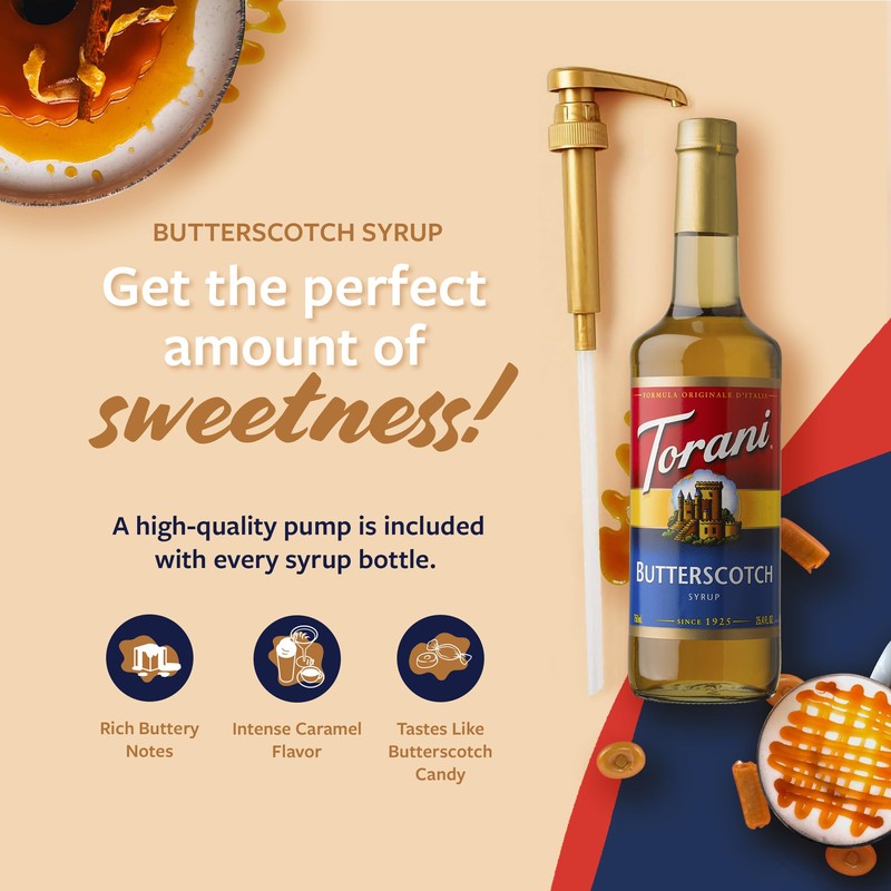 Torani Coffee Syrup, Butterscotch Flavoring for Drinks, Glass Bottle with