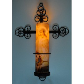 Trinity Cross Bronze Wall Sconce with Candle Safety Guard Ring for All 8.1875" x 2.375" Flame, Flameless or LED Religious Prayer Candles (Candle not Included).. Sconce Dimensions 14.25" x 10" x 3.25"