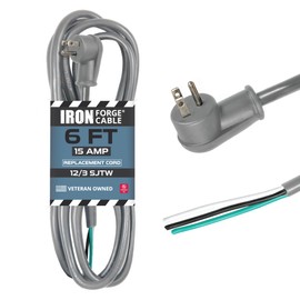 Iron Forge Cable Flat Plug Replacement Power Cord with Open End - 12/3 6 Ft Gray Appliance Extension Cord 15 Amp, 12 AWG Power Cord Replacement for Universal AC Appliance - UL Certified