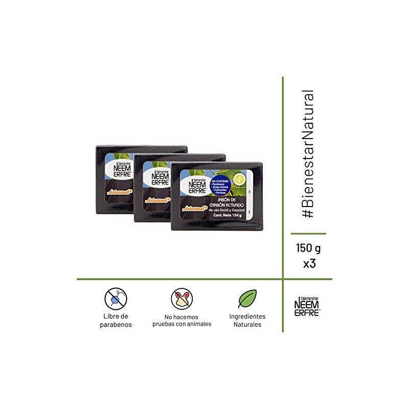 NEEM ERFRE Pack de 3 jabon de carbon activado 150g