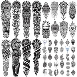 Mandala Full Arm Temporary Tattoo, 48 Sheets Waterproof Tribal Fake Tattoo for Men and Women, Flower Rhombus Geometric Pattern Extra Large Tattoo Stickers for Body Makeup