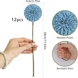 MUYAPAY Pack of 12 Artificial Hydrangea Flowers, Artificial Flowers, Chrysanthemum, Artificial Ball, Chrysanthemum, Silk Pompom, Chrysanthemum, for Home, Garden, Party, Wedding Decoration (Blue)