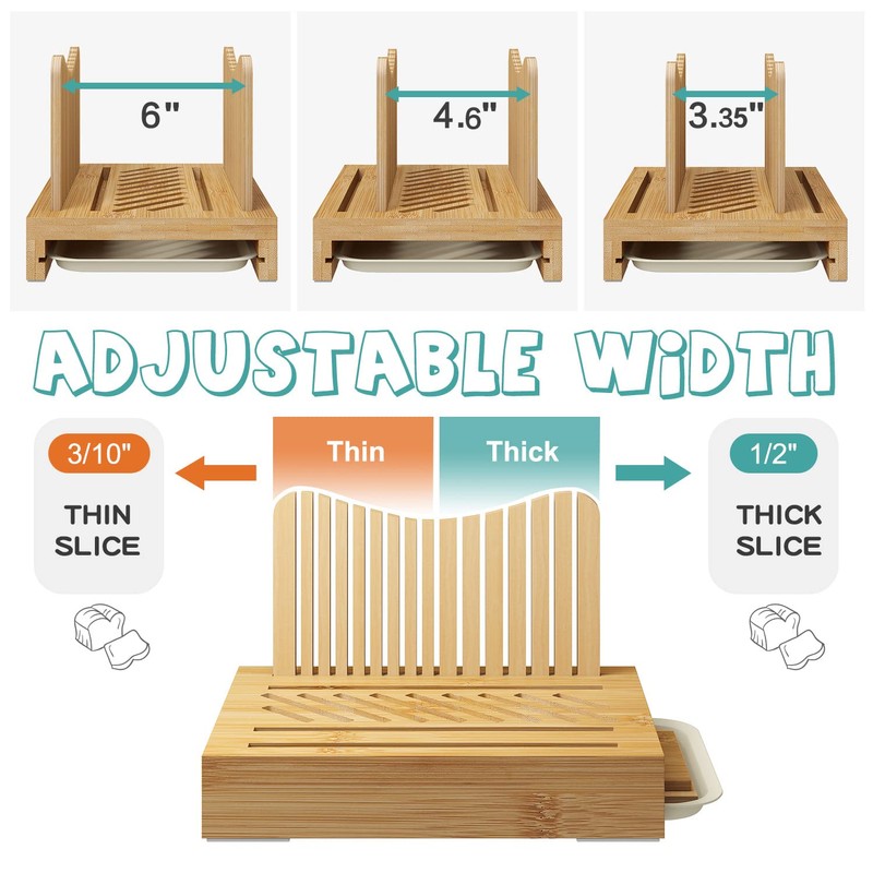 Bamboo Bread Slicer - Adjustable Width Guides. Sturdy Wooden Cutting