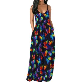 Chaos World Women's Maxi Dress V-Neck Strappy 3D Print Loose Summer Casual Dress(Small,Colorful Butterfly)