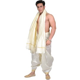 Exotic India Cream Dhoti and Angavastram with Golden Woven Border