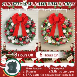Christmas Wreath Decorations, 20" Christmas Wreaths for Front Door with Red Bow, Christmas Door Wreath with Balls & Berries for Indoor Outdoor Fireplace Wall Window Christmas Decor