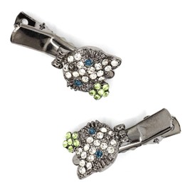 Teri's Boutique Little Cutie Kitty Cat Face Point Rhinestones Crystals Hair Style Fashion Hair Clip Pins 1 pairs (Green)