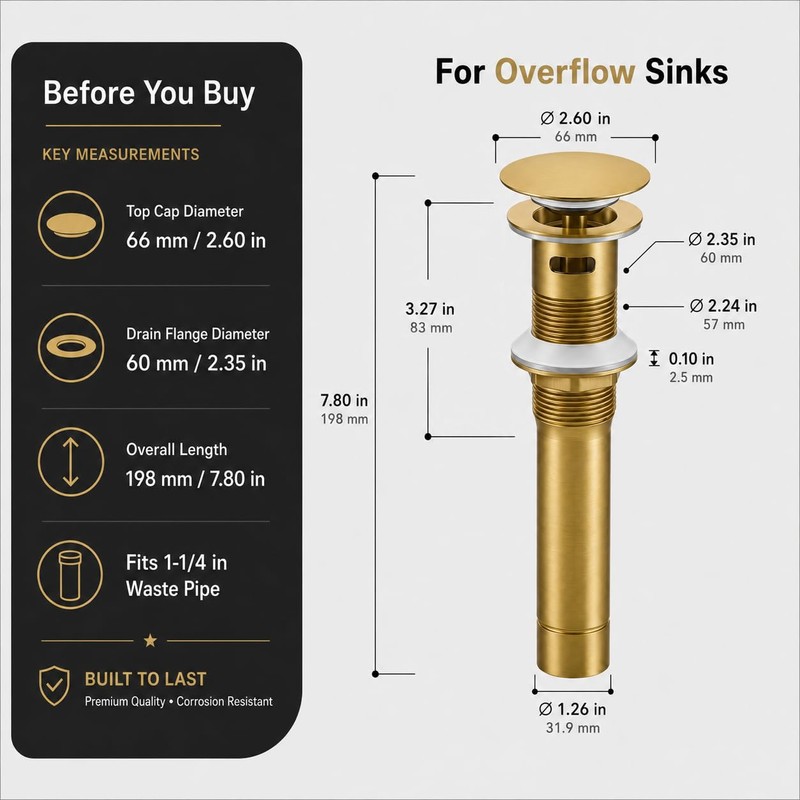 FROPO Metal Pop Up Bathroom Sink Drain with Overflow, Brushed