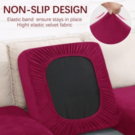 hyha Velvet Couch Cushion Covers, Soft Sofa Seat Covers for sectional 2 Cushion Couch Washable, Magic Sofa Slipcover with Elastic Bottom, Non-Slip Furniture Protector for Pets, Kid(2PC, Wine Red)