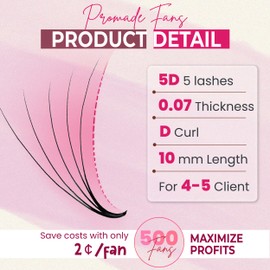 Promade Eyelash Fans Extension, Napricot 500 Promade Fans - 5D 0.07 Size 13mm Curl D - Premade Volume Lash Fans for Eyelash Extensions, Middle Stem, Fluffy, Soft - 2 Pairs Eye Pads Lash Extensions