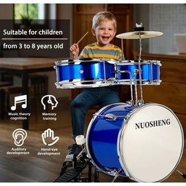 NUOSHENG Kids Drum Set 3-Piece for Beginners, 13 Inch Drum Kit with Adjustable Throne, Cymbal, Pedal & Drumsticks, Junior Drum Set with Bass Tom Snare Drum, Blue