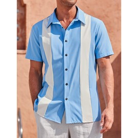 Mens Vintage Bowling Shirts Short Sleeve Button Down Summer Mexican Shirts Sky Blue