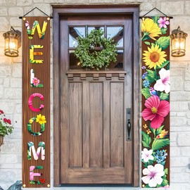 BlissYard 2 Pcs Welcome Floral Porch Banners Spring Butterfly Flower Hanging Flag Porch Sign for Front Door Outdoor Seasonal Holiday Wedding Yard Decor Farmhouse Indoor Wall Backdrop Party Decorations