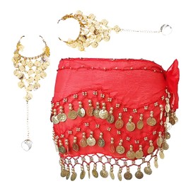 1 Piece Belly Dance Waist Chain with 2 Bracelet Chains, Dance Performance Accessories, Sequin Wrap Belt, Three Layer Gold Coin Hip Scarf, Chiffon Ladies Drape Belt for Party, Festival Performance