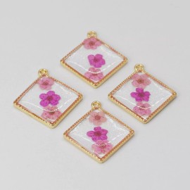 4PCS Gold Tone Real Dry Flower Resin Diamond Shape Charm Pendant Supply GBY528